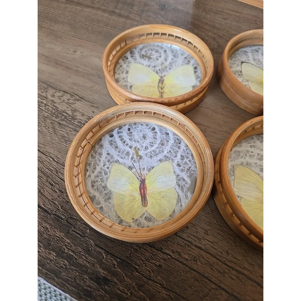 VTG Set Of 6 Bamboo Butterfly Floral Cased Coasters In Caddy Taiwan Matching